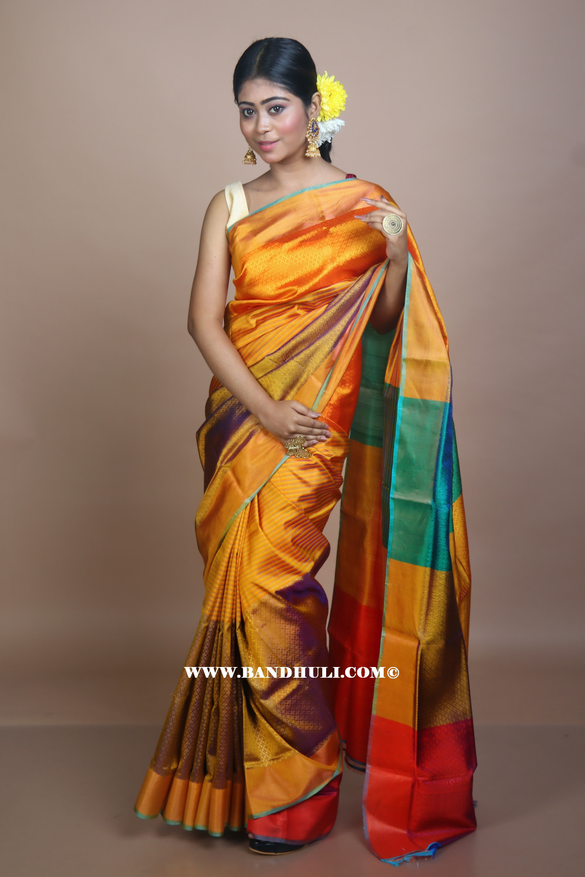 Golden Yellow Self Weaving Mulberry Silk Saree 